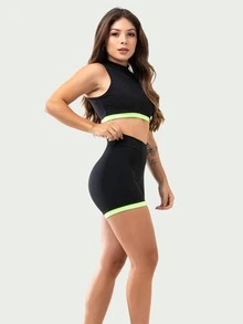 Women's High Neck Fitness Gym Set - màu xanh lá - Xem 3