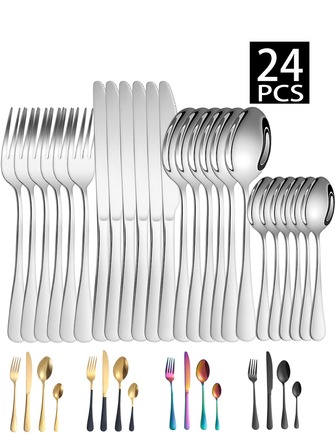 4/16/24件套不锈钢餐具套装，包括刀、叉、勺、甜点勺，适用于家庭厨房、酒店餐厅、节日礼品等。