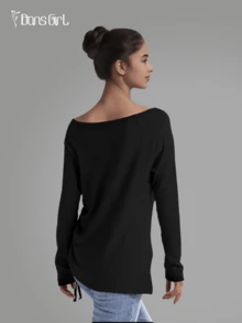 DonsGirl 一件装女士芭蕾舞保暖毛衣，法式船领设计，超柔软针织长袖，腰部抽绳设计，瑜伽家居服 - 黑色 - 查看 4