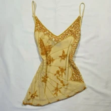 Women's Sequin Butterfly Cami Tops Sleeveless Spaghetti Strap Sheer Camisole Summer Shirt Fanciable Party Tops - 淺黃 - 查看 2