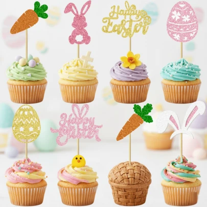 8/16/24PCS Easter Bunny & Carrot Glitter Cupcake Toppers Set, Happy Easter Egg Cake Picks, Cute Spring Dessert Decor For Kids Party, BabyShower Supplies
