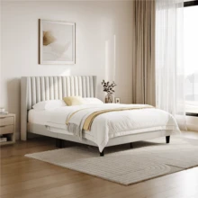 Butterslay Linen Blend Upholstered Bed Frame Wingback Channel Headboard Sturdy Wood Frame 800lb Capacity Foam-Padded Floor Protection Full/Queen/King, Black/Dark Gray/Ivory/Navy Blue/Pink - Ivory - 查看 10