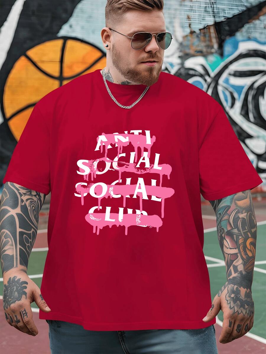 Pink Dripping Paint Overlaying Bold White Anti Social Club Text Symbolizing Rebellious Individuality And Urban Street Culture Men's 100% Cotton Tshirt - 紅色 - 查看 1