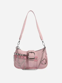 Y2K Star &Y2K Fashionable Multi-Functional Star & Moon Design Unique Pink Chain Decor Crossbody Bag, Ladies Baguette Bag, Niche Design, Steampunk, Gothic, Ladies Bag, Cool Girl Streetwear, Music Festival, Party, Ladies Rock Style Bag Suitable For Girls'' Street Style, Celebrity Same Style Printed Female Shoulder Bag, Y2k Bag, Gothic Punk Bag For Women, 2000s Fashion Style Bag For Women,Christmas Outfit,,Christmas Campus,,Holiday Travel,Christmas Party - 彩色 - 查看 14