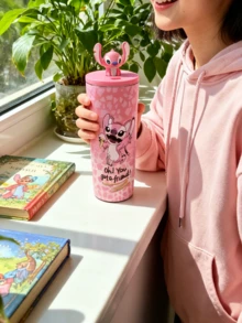 Lilo & Angel 3D Stitch Straw Cup (710ML) – Double Wall Insulated Tumbler, Blue Leopard Print With Pop-Out Stitch Design & 3D Stitch Lid, Perfect For Office Desk/Travel/Daily Hydration, Ideal For Fans/Stitch Collectors/Teens, Great Gift For Birthdays/ Lovers - Angie - View 4