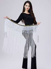 Faja de cadera con flecos largos y ribete de lentejuelas para danza del vientre de mujer, accesorio para actuaciones y práctica (disponible en varios colores) - Multicolor - Ver 16