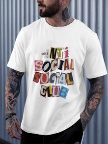 Cutout Collage Text Graphics Expressing Anti Social Club Attitude In Bold Playful Fonts Men's 100% Cotton Casual Graphic Tee - trắng - Xem 6