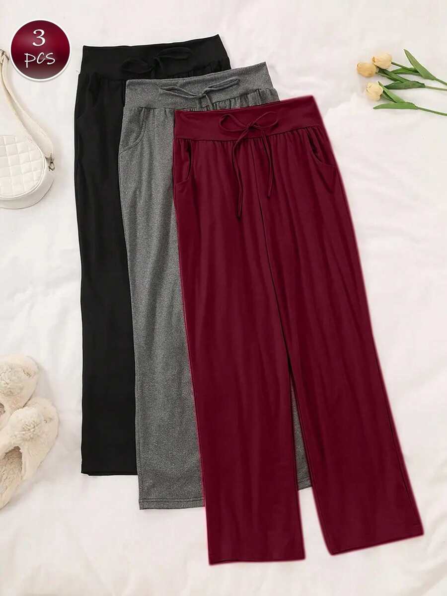3件套女士加大码休闲运动舒适裤，纯色蝴蝶结腰带松紧腰宽松居家舒适裤，秋冬服装