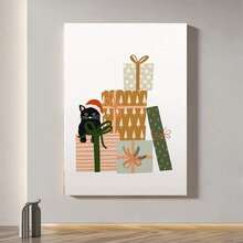 Framed 1pc Contemporary Minimalist Black & White Cat With Christmas Gifts Canvas Wall Art Print - Beige & Brown Muted Tones, Framed Poster For Living Room, Bedroom, Kitchen, Office - Cozy Winter Home Decor, Holiday Party Decoration, Perfect Gift For Christmas, New Year, Fall & Winter - Đóng khung - Xem 4