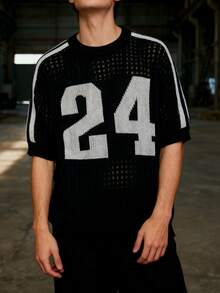 Men's Loose Mesh Knit Short Sleeve Top | Numeric "24" Pattern And Striped Sleeve Streetwear Sweater - Black - View 4
