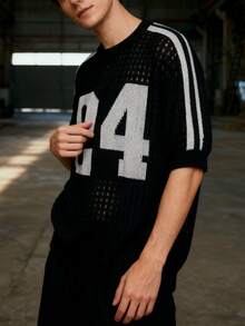 Men's Loose Mesh Knit Short Sleeve Top | Numeric "24" Pattern And Striped Sleeve Streetwear Sweater - Black - View 5