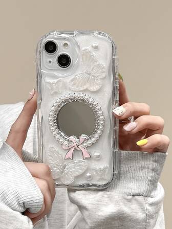 1pc Resin Holographic 3D Butterfly Makeup Mirror Shockproof Transparent Phone Case Compatible With IPhone 17 Pro Max/17/17 Pro/17 Air/16 Pro Max/16/16 Pro/16 Plus/15/15 Pro Max/15 Pro/15plus/11/11Pro/11ProMax/12/13/14 Pro/11Pro/12Pro/12ProMax/13 Pro/13 Max/13 Pro/14 Pro/14plus/, Creative Design