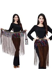 Faja de cadera con flecos largos y ribete de lentejuelas para danza del vientre de mujer, accesorio para actuaciones y práctica (disponible en varios colores) - Multicolor - Ver 10