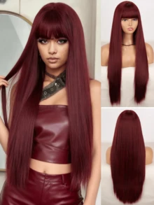 1pc Burgundy Synthetic Heat-Resistant Straight Wig, Red With Bangs, Extra Long 26-34 Inches, Full Machine Wefted Natural Looking Wig For Everyday Wear, Halloween Costume, Party - Burgundy - View 13