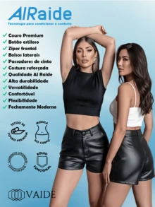 Short Feminino Couro Bolsos Laterais Bermuda Verão Calor Noite Básica Estilosa - Preto - Visão 7