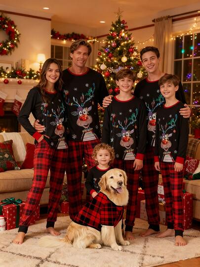 Christmas Family Matching Pajamas Set Elk Print Long Sleeve Tops And Casual Loose Plaid Pants Sleepwear