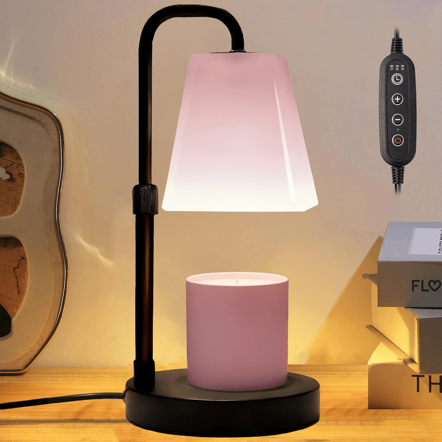 xoddi 1 PCS Candle Warmer Lamp With Timer, Frosted Lampshades Eye Protect Scented Candle Jars Electric Wax Melter Bedroom Bedside End Table Desk Night Light Adjustable Height Warm White Aethetic Room Decor Dimmer House Warming Home Women Gifts Metal Base-(Pink) - 查看 1