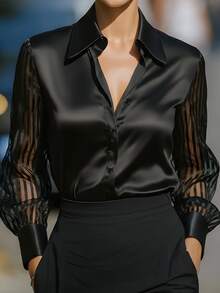 Áo sơ mi nữ dáng regular fit có cúc cài, làm từ vải polyester không co giãn, phối cùng áo tay dài kẻ sọc xuyên thấu, màu đen, thích hợp cho mùa xuân. - màu đen - Xem 1