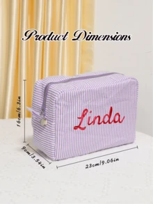 Custom Embroidery Name Makeup Bag, Personalized Bridesmaid Makeup Bag, Seersucker Cosmetic Bag, Large Capacity Cosmetic Bag, Striped Makeup Bag, Cosmetic Bags For Women, Customized Travel Cosmetic Bag, Customizable Toiletry Bag, Bridesmaid Gifts, Portable, Bedroom, Living Room, Valentine'S Day, Weddings, Family, Bride, Groom - Multicolor - View 2