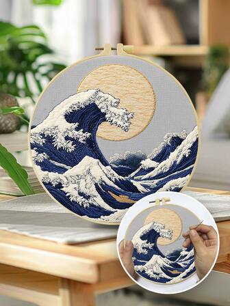 1 Pieza Kit de Bordado, 15x15cm/5.9x5.9in--20x20cm/7.9x7.9 Pulgadas, Olas Oceánicas, Kit de Bordado Hecho a Mano DIY, Adecuado para Adultos y Principiantes, Incluye Manual de Usuario, Tela Impresa, Marco de Bordado, Agujas e Hilos, Regalos de Navidad para Familiares y Amigos