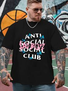 Blue Butterflies Surrounding Bold Anti Social Club Text With Pink Sad Boyz Lettering Expressing Individuality And Emotional Depth 100% Cotton Men's Tshirt - 黑色 - 查看 6