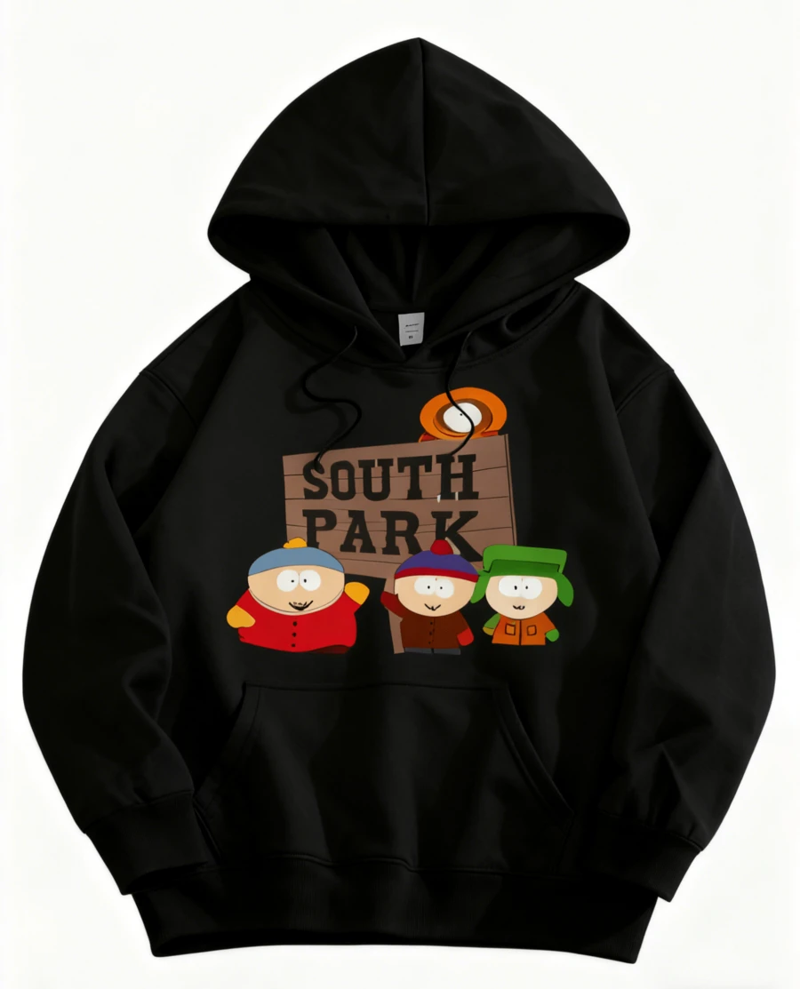 Sudadera con capucha de patrón de South Park para hombres - Personajes oficiales de dibujos animados (Kenny, Cartman, Kyle, Stan, Eric) - Sudadera casual adecuada para todas las estaciones, impresión de dibujos animados, lavable a máquina, perfecta como regalo para Halloween, Navidad, etc. - Cómodo para el uso diario, también adecuado para ocasiones especiales. - Negro - Ver 1