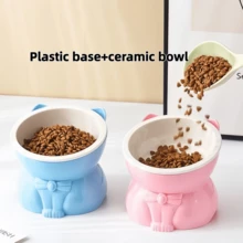 Tazón dividido para gatos con protección de cuello y protección para el mentón, base de plástico y tazón de cerámica, tazón de comida y agua para mascotas, tazón elevado para mascotas - 300ml - Ver 1