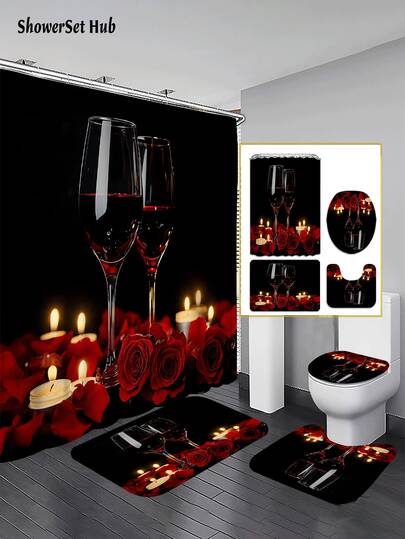 1/3/4pcs Romantic Red Rose Shower Curtain Bathroom Sets,Luxury Wine Glass & Candle Print Waterproof And Wear-Resistant Accessories,With 12 Hooks - Includes Toilet Seat Cover, Bath Mats, And Rugs - Plastic Fabric - Washable,Mildew-Resistant - Perfect For Holiday Decor,Home/Bedroom/House/Western/Spring Decor,