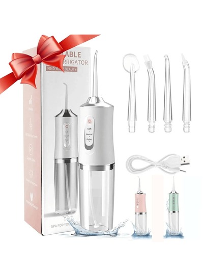 Hydropulseur dentaire irrigateur oral sans fil avec 3 modes, nettoyeur à eau pour les dents avec 4 embouts, étanche IPX7, rechargeable et portable, batterie puissante pour le voyage et la maison, pour appareils dentaires et ponts