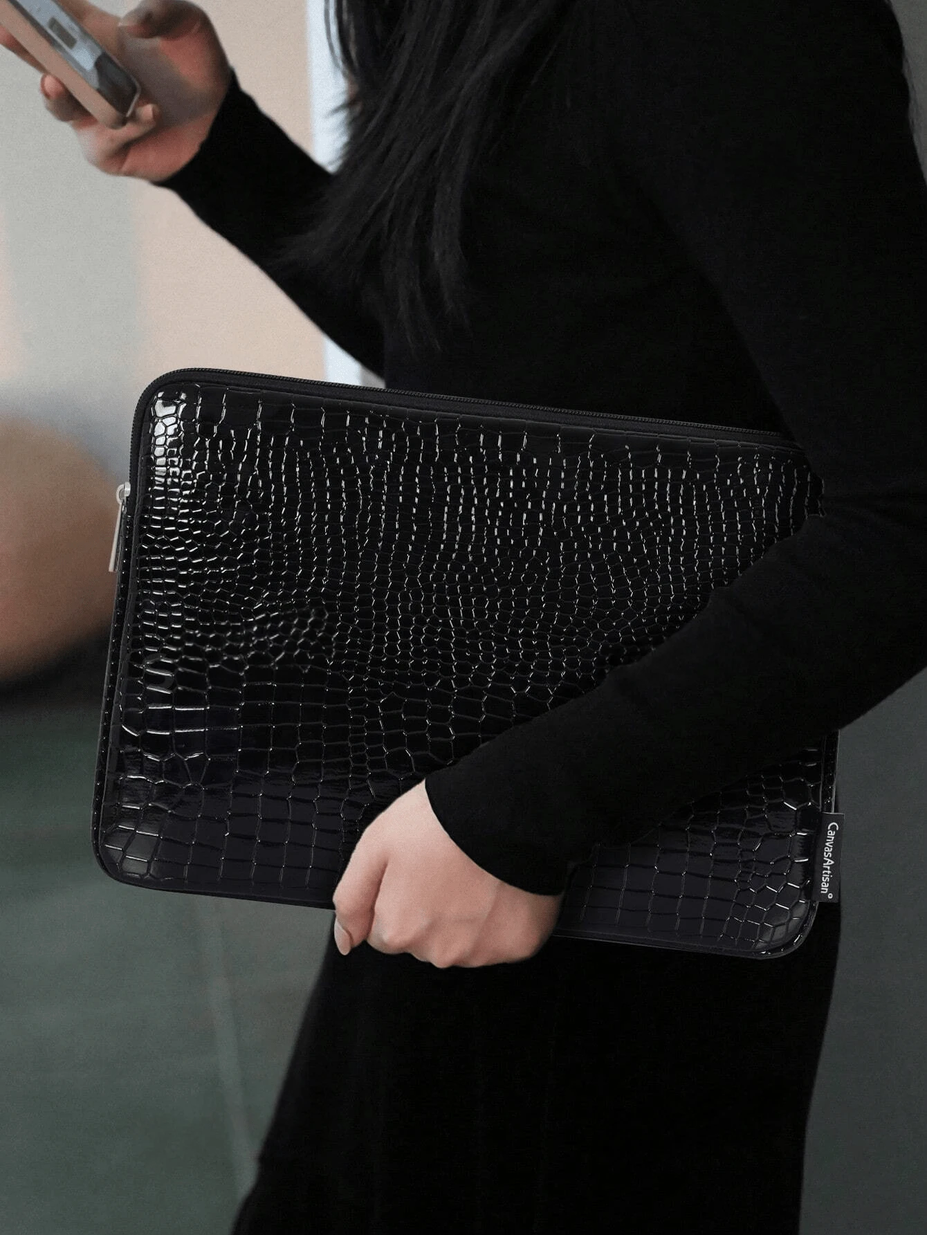 Slim Laptop Sleeve, Shock-Resistant Laptop Sleeve, Tablet Inner Sleeve, New Tablet Protective Case, Nylon Laptop Bag, Lightweight Women's Handbag, Stone Texture Handbag, Fashionable Chic Small Square Bag, Shoulder Bag - Black - View 1