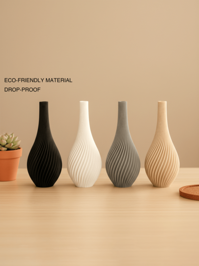 1pc Tall Faux Ceramic Plastic Flower Vase, Modern Nordic Minimalist Home Decor, Beige Curved Cylindrical Shape With Delicate Ribs Design, For Living Room Bedroom Table Centerpieces, Wedding Bridal Shower Party Decor, Housewarming Gift