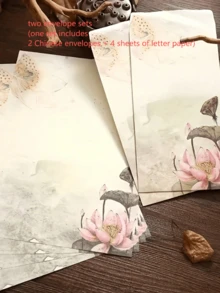 Un/Dos juegos de sobres (Un juego incluye 2 sobres chinos + 4 hojas de papel de carta), con un diseño retro de loto, incluye tarjetas de regalo, sobres de papel chinos y sobres de almacenamiento con estampado de hojas, adecuado para invitaciones de bodas, suministros de oficina y regalos para el Día de San Valentín. - color - Ver 13