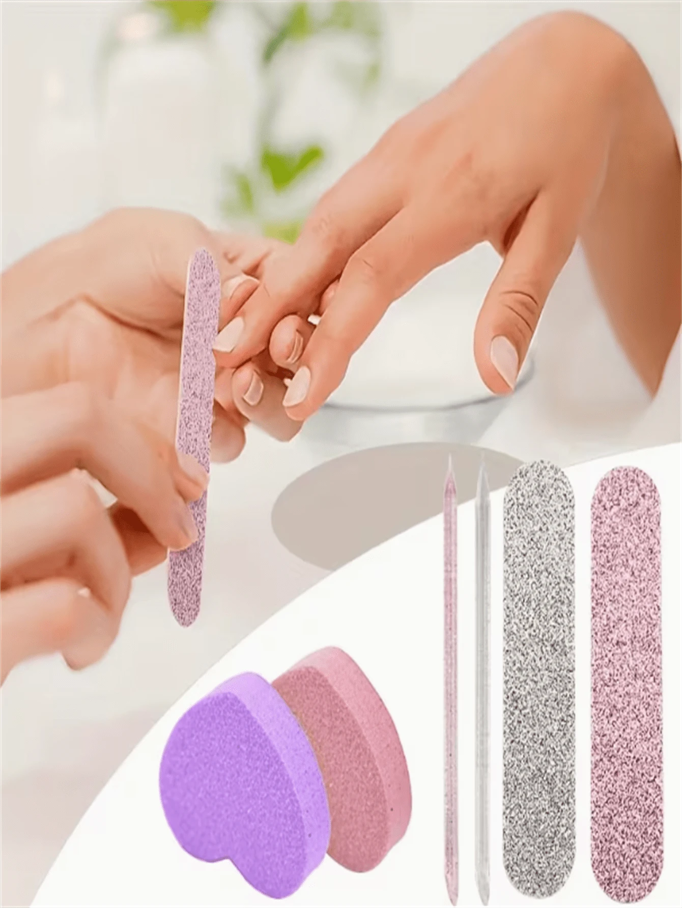 Set Of 3 Pink And Purple Sequin Nail Tools: Includes 1 Nail Buffer Block, 1 Heart-Shaped Double-Sided Sponge File, And 1 Strip-Shaped Double-Sided Nail File. Suitable For Manicures, Pedicures, And Polishing/Finishing In Jewelry Making, Featuring Shiny Pink Sequins. - Multicolor - View 1