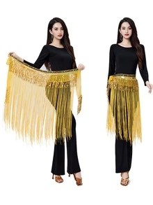 Faja de cadera con flecos largos y ribete de lentejuelas para danza del vientre de mujer, accesorio para actuaciones y práctica (disponible en varios colores) - Multicolor - Ver 15