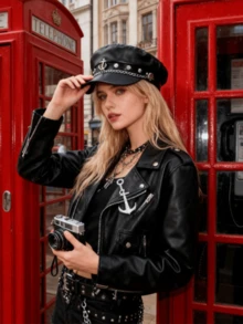 1pc Women's Rivet Hat, Y2K Style Punk Rivet PU Leather Hat, Adult Hip Hop Street Dance Skull Cap, Punk Style Chic Oblique Angle Hat, Suitable For Daily Wear Or Party Dance - Black B - View 1