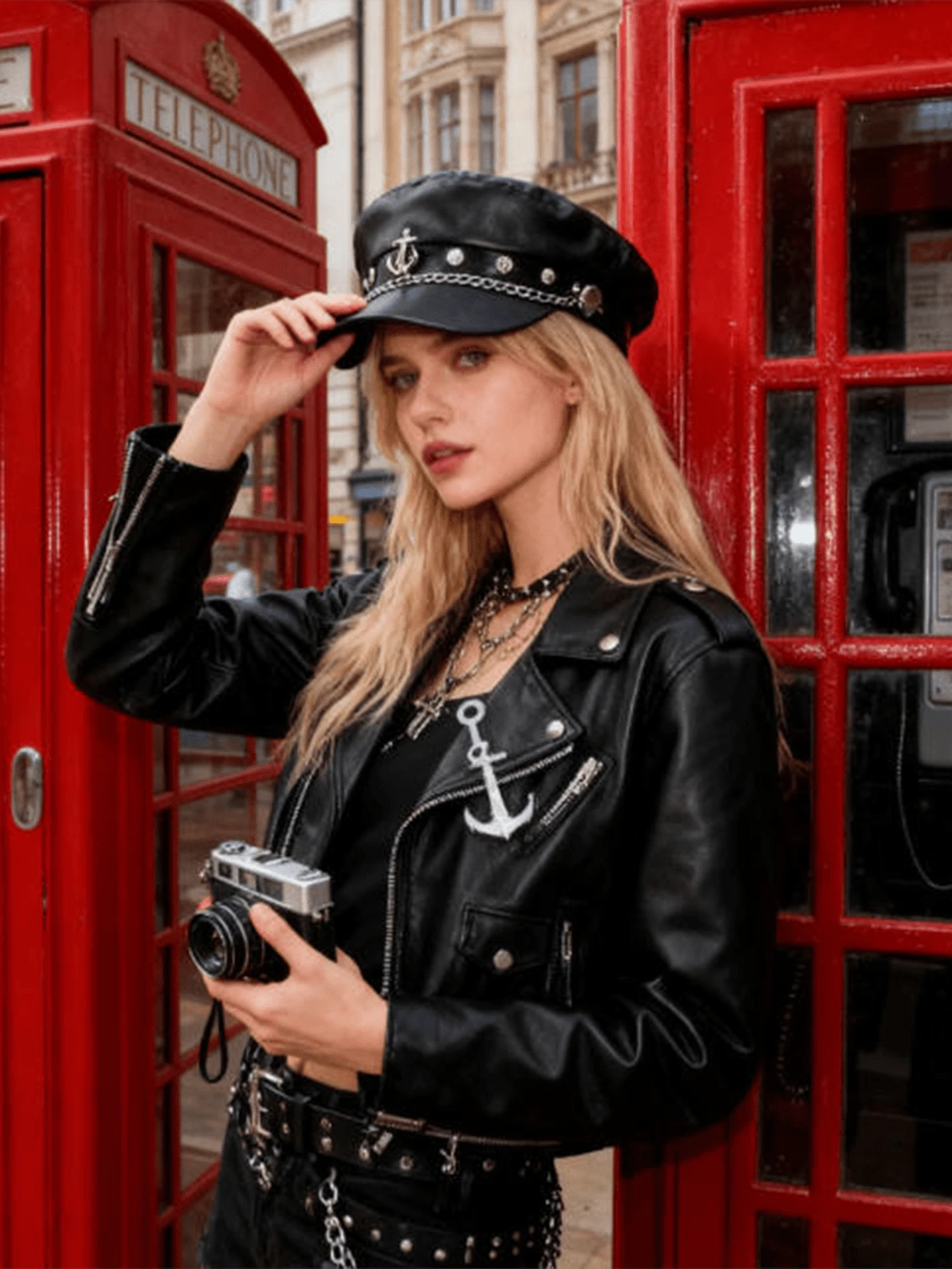 1pc Women's Rivet Hat, Y2K Style Punk Rivet PU Leather Hat, Adult Hip Hop Street Dance Skull Cap, Punk Style Chic Oblique Angle Hat, Suitable For Daily Wear Or Party Dance - Black B - View 1