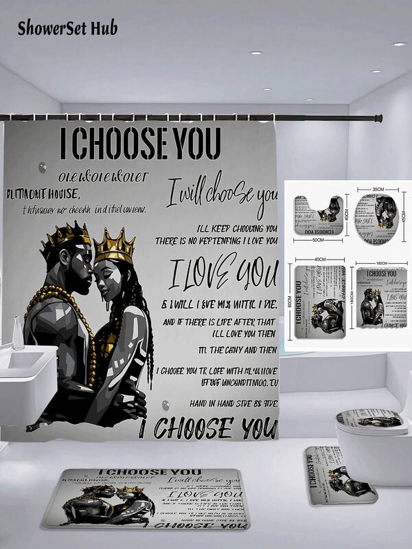 1/3/4件套黑白金非洲皇室风格爱情语录浴帘浴室套装，国王和王后印章防水耐磨配件，带12个挂钩 - 包括马桶盖、浴垫和地毯 - 塑料面料 - 可水洗，防霉 - 非常适合节日装饰、家居/卧室/房屋/西式/春季装饰