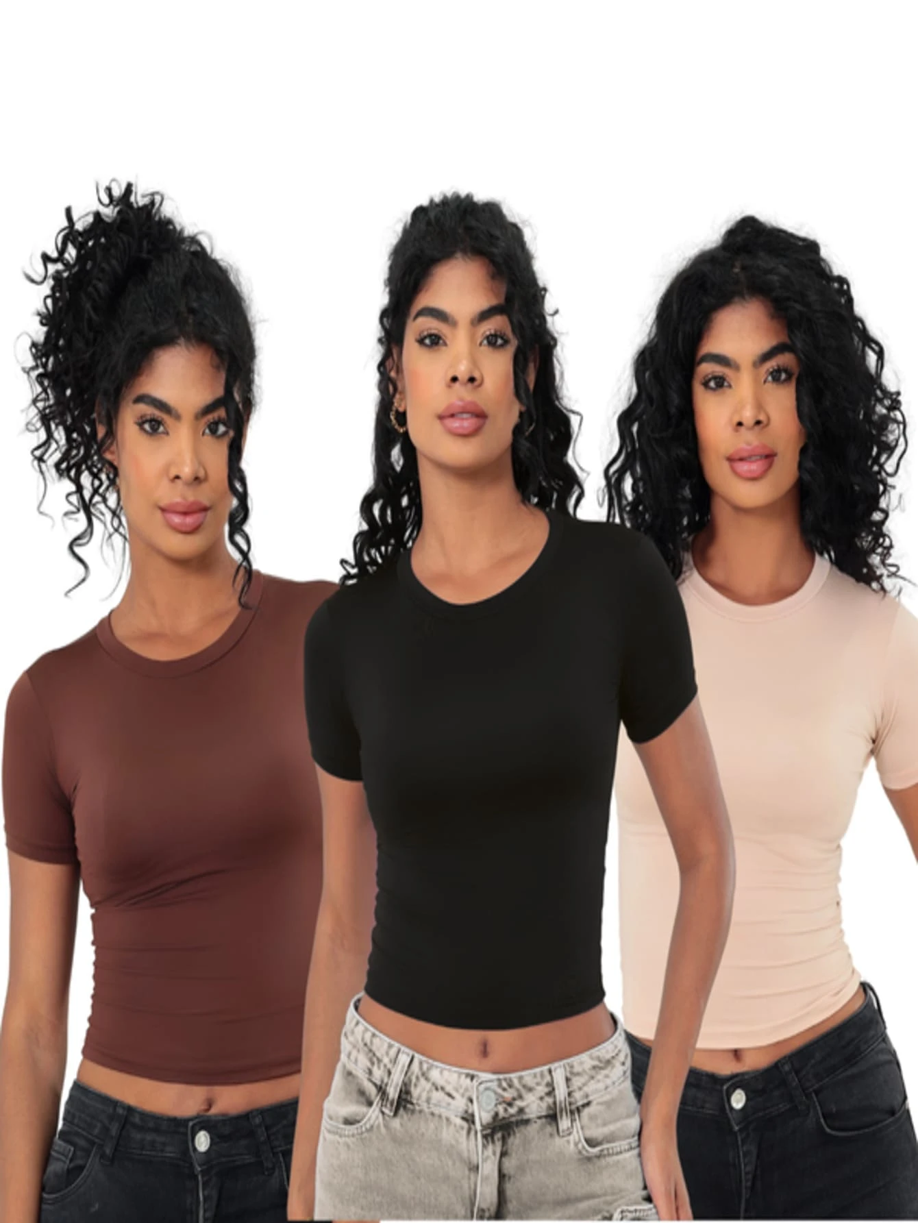 Moderna & Slim Kit 3: Women's Baby Tee: Slim Fit Short Sleeve Blouse - 1 negro, 1 marrón, 1 beige - Ver 1