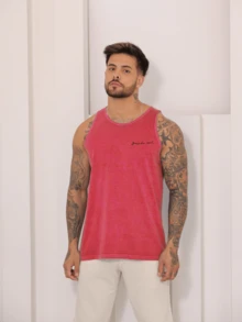 Men's Standard Sleeveless Printed Summer Tank Top With Washed Knit Stitching - Red - View 2