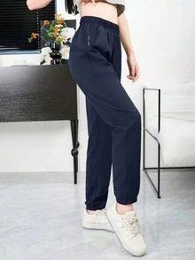 1pc Teen Girls' Solid Color Minimalist Casual Jogger Pants, Versatile For Commuting And School Wear, All Season - Navy Blue - View 4