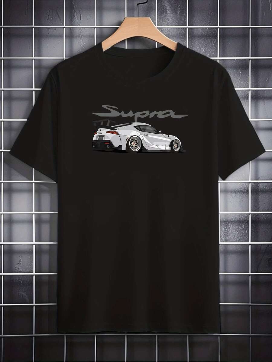 Street Racing Inspired Graphic Featuring A Sleek White Sports Car With Wide Body Kit Lowered Stance And Bold Supra Text 100% Cotton Tshirt For Men - màu đen - Xem 1