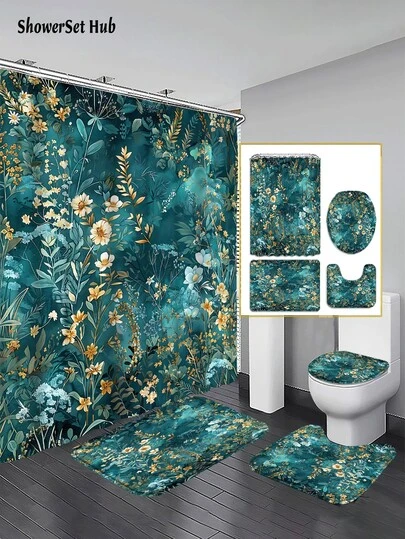 1/3/4pcs Luxury Teal Floral Floral Shower Curtain Bathroom Sets,Vintage Jungle Greenery Gold & White Flower Print Waterproof And Wear-Resistant Accessories,With 12 Hooks - Includes Toilet Seat Cover, Bath Mats, And Rugs - Plastic Fabric - Washable,Mildew-Resistant - Perfect For Holiday Decor,Home/Bedroom/House/Western/Spring Decor,