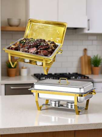 1/2Pcs Stainless Steel Chafing Dishes Set, 8QT, Golden, High Grade, For Parties, Buffet, Food Warmers, No Electricity Needed,Only For Cooking
