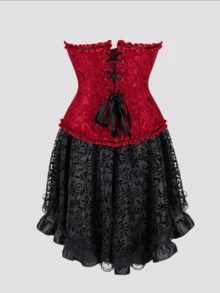 Jutrisujo Corset Dress And Skirt Set 2-Piece Style Plus Size Bustier Gothic Brocade Lace Costume Renaissance Halloween - 819Wine Red+7056black - 查看 2