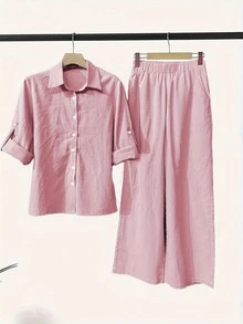 2 piezas Conjunto de Mujer: Camisa de Manga Larga con Cuello y Pantalones Casuales de Cintura Elástica Rosa Elegante de Verano - Rosa - Ver 2