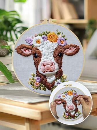 1 Pieza Kit de Bordado, 15x15cm/5.9x5.9in--20x20cm/7.9x7.9 Pulgadas, Vaca Adorable, Kit de Bordado Hecho a Mano DIY Adecuado para Adultos y Principiantes, Incluye Manual de Usuario, Tela Estampada, Marco de Bordado, Agujas e Hilos, Regalo de Navidad para Familiares y Amigos