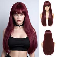 1pc Burgundy Synthetic Heat-Resistant Straight Wig, Red With Bangs, Extra Long 26-34 Inches, Full Machine Wefted Natural Looking Wig For Everyday Wear, Halloween Costume, Party - Burgundy - View 12
