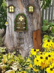 1pc Outdoor Resin Window/Door Statue - Fairy Tale Design, Moss Cottage, Green Plants And Tree Face, Wall-Mounted Garden Decor, Suitable For Thanksgiving, Christmas, New Year Atmosphere, Outdoor Yard Lawn Decoration - Multicolor - View 5