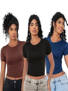 Kit 3: Women's Baby Tee: Slim Fit Short Sleeve Blouse - 1個黑色1個棕色1個藍綠色 - 查看 1