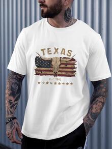 Texas Longhorn Skull Over Vintage American Flag Celebrating State Heritage Since 1845 With Rustic Stars Men's 100% Cotton Tshirt - trắng - Xem 6